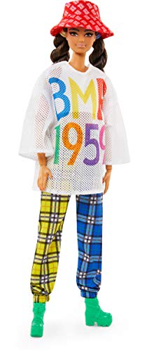 Mattel Barbie BMR1959 Fully Poseable Fashion Doll (Brunette, ~12-inch) Wearing Mesh T-Shirt, Plaid Joggers and Bucket Hat