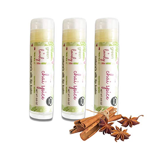Green+Lovely Organic Certified Lip Balm Butter(3 Pack) by Green and Lovely | Chai Spice Lip Oil for Total Hydration and Repair | 0.15 oz Lip Moisturizer Tube Made with Premium Organic Ingredients | Heals Quickly