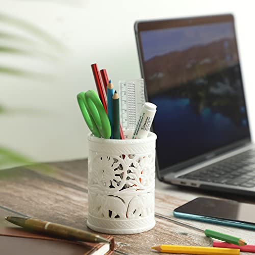 Hashcart Pen & Pencil Desk Organizer - Multi Use Holder For Makeup Brush / ToothBrush | Floral Design Hand-Carved Round Shape | Unique Stand For Home & Office Decor |