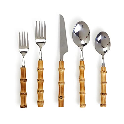 Two's Company Natural Bamboo 20 Pc Flatware Service Set for 4 in Storage Pouch