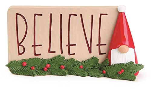 Blossom Bucket 228-13421 Believe Gnome Plaque with Christmas Greens, 5.75-inch Length