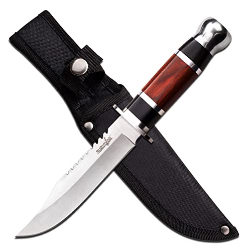 Master Cutlery SURVIVOR - Fixed Blade Knife - Satin Finish Clip Point Blade w/Sawback, Black and Brown Wood Handle, Includes Nylon Sheath - HK-781S- Hunting, Camping, Survival - Prep. Survive. Thrive.