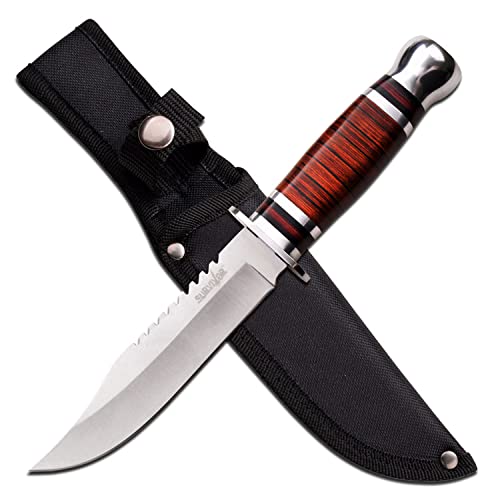 Master Cutlery SURVIVOR - Fixed Blade Knife - 10.5-inches Overall, Satin Finish Clip Point Blade w/Sawback, Brown Wood Handle, Includes Nylon Sheath - HK-782S- Hunting, Camping, Survival - Prep. Survive. Thrive.