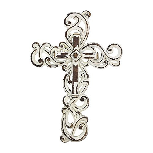 Comfy Hour Faith and Hope Collection 12" White Wall Hung Classic Cross, Stone Resin Sculpture, Vintage, Antique Style