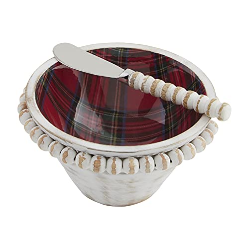Mud Pie White Beaded Tartan Dip Bowl and Spreader Set, bowl 3" x 5.5" dia | spreader 6", Wood