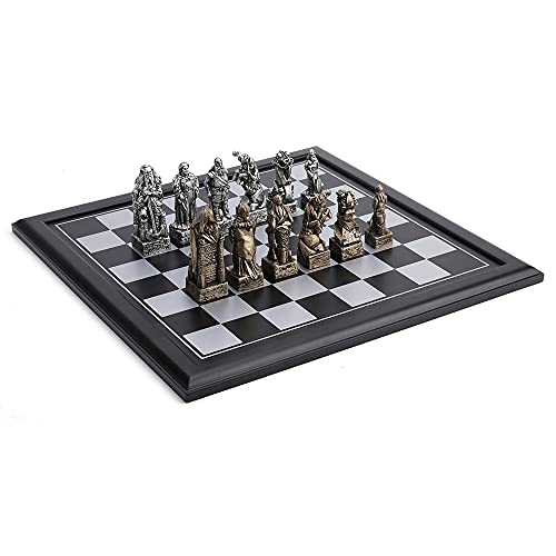 Unicorn Studio Veronese Design 4 3/8 Inch Tall Nordic Viking Chess Set Black and Grey Chess Board Hand Painted Gold and Silver Finish Resin Sculpture Home Decor Board Game Figurine