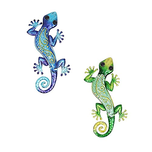 Comfy Hour Colorful Lizard Design Metal Art Gecko Wall Decor in Set of 2, Blue and Green