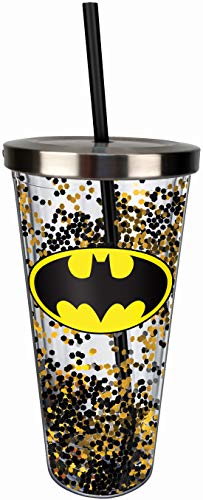 Spoontiques 21339 Batman Logo Glitter Cup w/Straw, One Size, Black & Gold