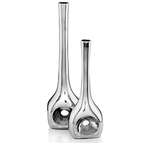 Modern Day Accents Avista Site Hole, Aluminum, Silver, Modern, Vases, Plants, See Through, Dining Table Center Piece, Home, Office, Flower Arrangement, Set of 2, 6.25" L x 4" W x 22.5" H