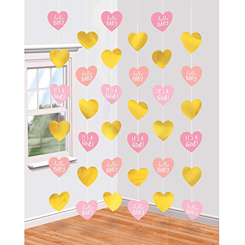 Amscan "It's A Girl" Baby Shower, Hanging Hearts String Decorations, 6 Ct.