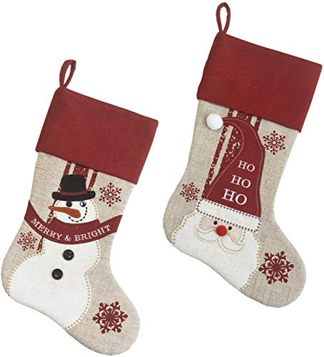 Comfy Hour Joyful Holiday Collection 18"x11" Snowflakes Snowman and Santa Claus Design Stockings, Winter Christmas Decoration, Set of 2, Polyester
