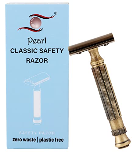 Pearl Shaving Double Edge Close Comb Safety Razor for Men (Antique Brass) - Reusable Eco Freindly DE Metal Razor | Premium Single Blade Razors for Men | Classic & Traditional Shaving Kit for Men |Men&