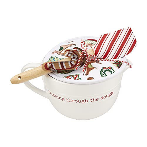 Mud Pie Christmas Mixing Bowl and Baking Tools Set, Multicolor, 5.5" x 10", White