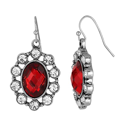 1928 Jewelry Women's"Radiant Orchid" Siam Red Oval Glass Stone Crystal Drop Earrings