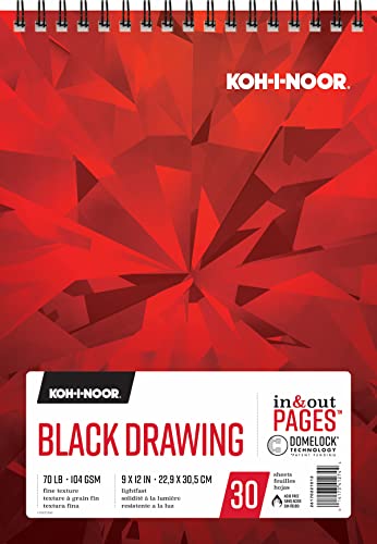 Chartpak Koh-I-Noor Black Drawing Paper Pad with In and Out Pages, 70lb, 104 GSM, 9 x 12", Top Wire-Bound, 30 Sheets per Pad, 1 Each (26170221012)