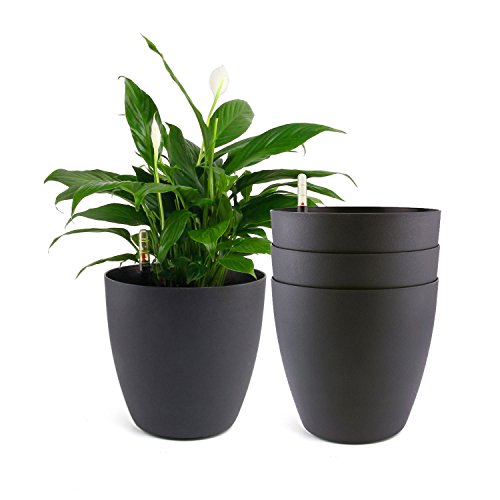 T4U 8.5 Inch Plastic Self Watering Planter with Water Level Indicator Black Set of 4, Modern Decorative Planter Pot for All House Plants, Flowers, Herbs, African Violets, Succulents