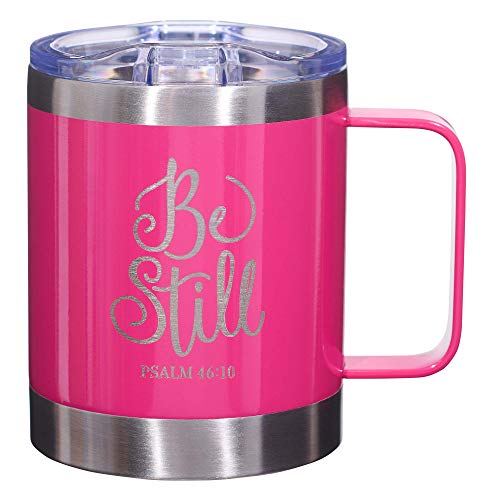 Christian Art Gifts Be Still Stainless Steel Pink Mug w/Psalm 46:10 - Camp Style Travel Mug, Christian Mug for Women (11oz Double Wall Vacuum Insulated Coffee Mug with Lid and Handle)