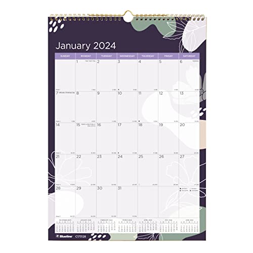 Rediform Blueline Monthly Wall Calendar, Abstract Floral, 12 x 17 inches