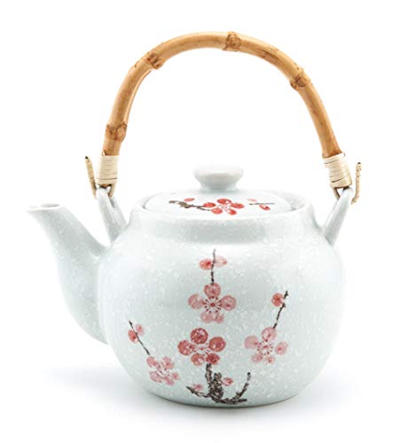 FMC Fuji Merchandise Traditional Japanese Style Ceramic Teapot with Rattan Handle 42 fl oz Teapot with Stainless Steel Infuser Strainer for Loose Leaf Tea (Snow Cherry Blossom)