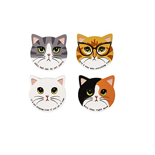 Ganz Cat-titude Coasters, Wood, 0.25 Inch Depth, 4 Inches Diameter, Multicolor, Pack of 4