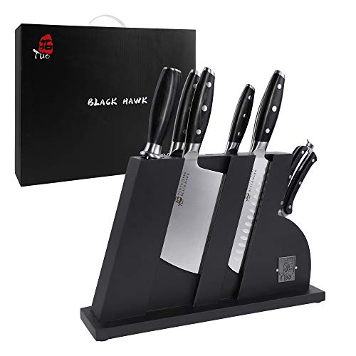 TUO Cutlery Knife Set - 8 Pcs Kitchen Knife Set with Wooden Block - German HC Stainless Steel Chef Knife Set - Ergonomic Pakkawood Handle - BLACK HAWK SERIES with Gift Box