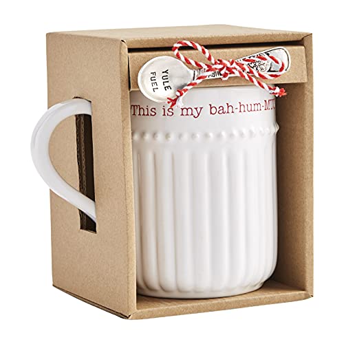 Mud Pie Bah Hum Christmas Circa Set, mug 16 oz | spoon 3 1/2", White