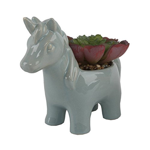 Flora Bunda Artificial Plants in Cute Animal Novelty Planter Set of 2 Teal Blue Artificial Succulent in Ceramic Unicorn Planter 5", Size: 5.75" x 3.75" x 4.75‚Äö√Ñ√π