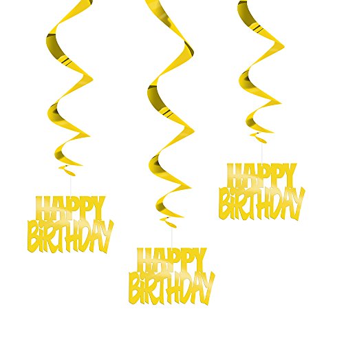 Unique Industries, Hanging Happy Birthday Decorations, 32 Inches, Party Supplies - Gold, Pack of 3