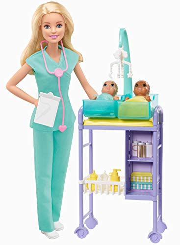 Mattel Barbie Baby Doctor Playset with Blonde Doll, 2 Infant Dolls, Exam Table and Accessories