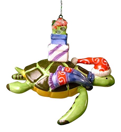 Cape Shore Sea Turtle Christmas Ornament Wearing a Santa Hat and Scarf, Carrying Presents on His Back