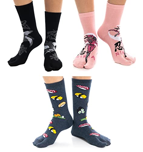 V-Toe Socks 3 Pairs V-Toe Big Toe Black Ninja, Pink Ninja, Sushi Flip Flop Tabi Socks