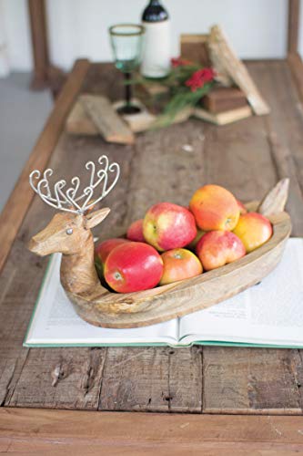 Kalalou Hand Carved Mango Wood Reindeer Bowl with Metal Antlers