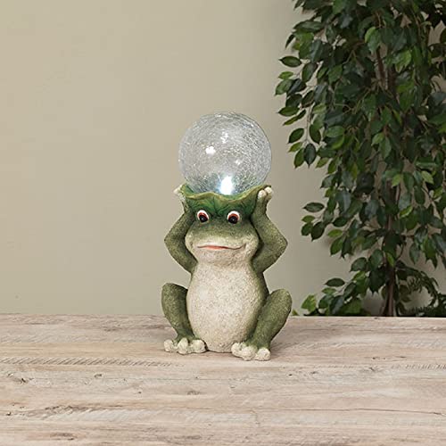 Gerson International Frog with Crackle Glass Sphere, Resin, 15.1-inch, Solar Lighted