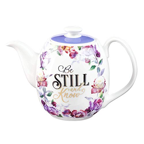Christian Art Gifts Ceramic Teapot Be Still and Know Psalm 46:10 Purple Rose Flower Tea For One Teapot for Women