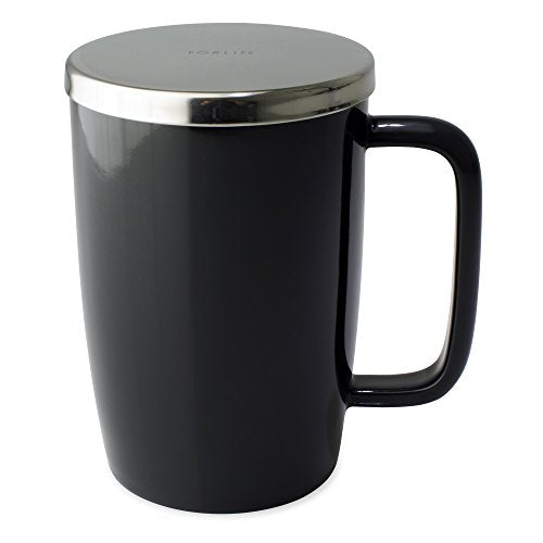 FORLIFE Dew Glossy Finish Brew-In-Mug with Basket Infuser & "Mirror" Stainless Lid 18 oz., Black Graphite