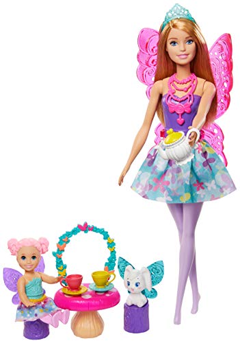 Mattel Barbie Dreamtopia Tea Party Playset with Barbie Fairy Doll, Toddler Doll, Tea Set, Pet and Accessories, Multi