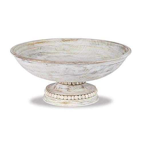 Mud Pie Beaded Wood Pedestal Bowl, 6" x 14" dia, White