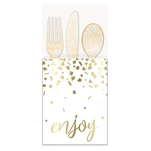 Unique Industries "Enjoy" Gold Foil Confetti Cutlery Pouches (8 Pcs) - 1 Pack