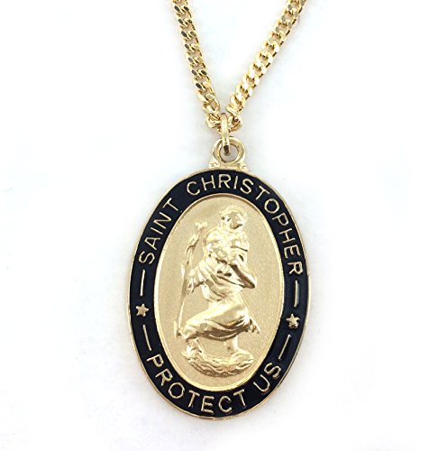 True Faith Jewelry 14KT Gold-Plated Sterling Silver Saint Christopher Medal Patron Saint Pendant Necklace with Black Enamel Border Religious Jewelry, 1 Inch