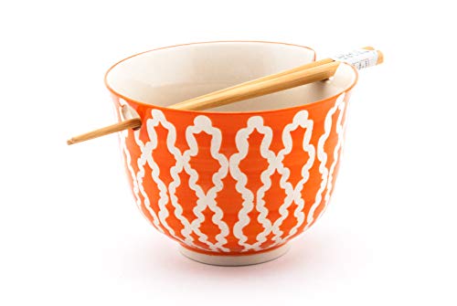 FMC Fuji Merchandise Quality Moroccon Motif Orange Ceramic Ramen Udon Noodle Bowl with Chopsticks Gift Set 5 Inch Diameter
