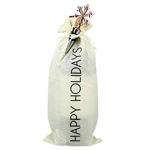 Pavilion Gift Company Happy Holidays Reusable Drawstring Bottle Bag With Stopper, 13.5 Inch, White