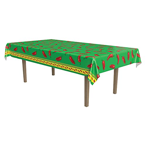 Beistle Plastic Chili Pepper Tablecover for Rectangle Cinco De Mayo Table Cloth Fiesta Party Supplies, Green/Red/Yellow