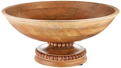 Mud Pie Brown Beaded Wood Pedestal Bowl, 6" x 14" dia