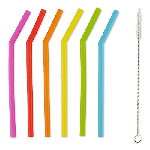 RSVP International Silicone 6.5" Short Drink Straws with Cleaning Brush, 6 Count | Reusable & Multi-Color | BPA-Free Silicone | For Smoothies, Frappes, Sodas, Tea & More | Dishwasher Safe