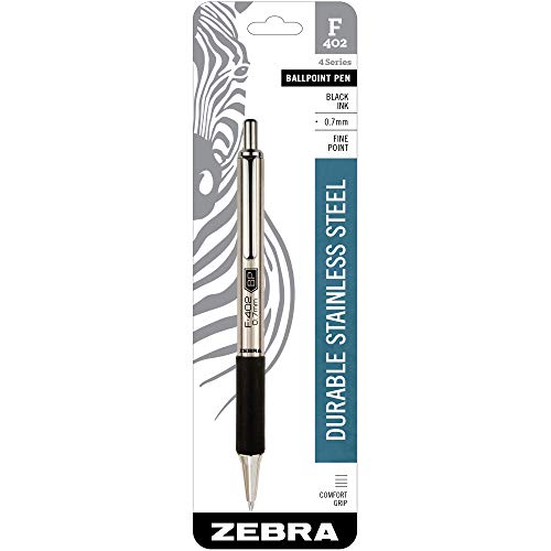 Zebra Pen F-402 Retractable Ballpoint Pen, Stainless Steel Barrel, Fine Point, 0.7mm, Black Ink, 1-Pack