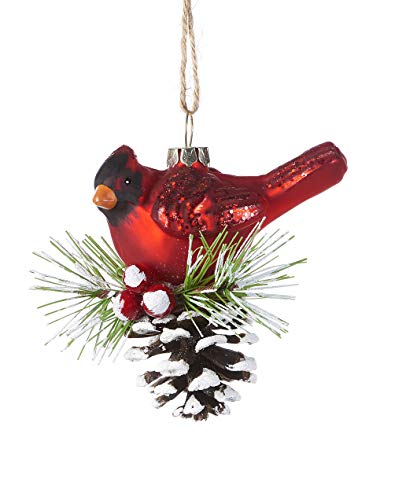 Giftcraft 664527 Christmas Glass Cardinal with Pine Cone Ornament, 3.5-inch High