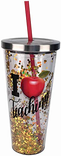 Spoontiques 21313 Teacher Glitter Cup With Straw, Gold