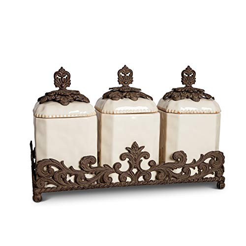 Gerson GG Collection 3 Piece Ceramic Canister Set with Metal Base - Cream