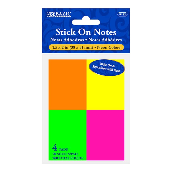 BAZIC Sticky Notes 1.5x2 Neon Color Post Stickies, Self Stick Note, Colorful Adhesive Memo Pads, Recyclable (280 Sheets/Pack), 1-Pack