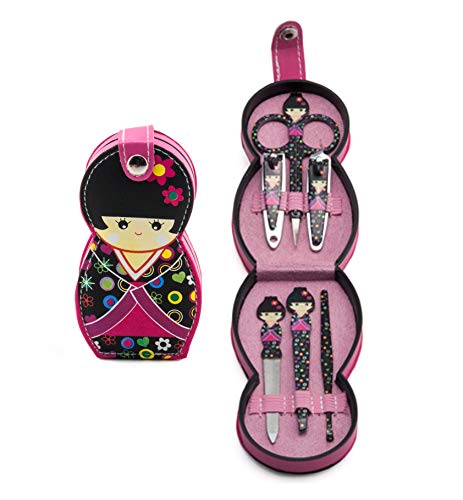 FMC Fuji Merchandise Japanese Kokeshi Doll 6 pc Manicure Pedicure Nail Set Clippers Kit Portable Travel Grooming (Flower Kokeshi)